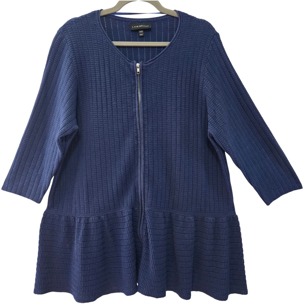 Lane Bryant Boho Chic Blue Zip Front Peplum Cotton Blend Sweater Waffle Knit 1X